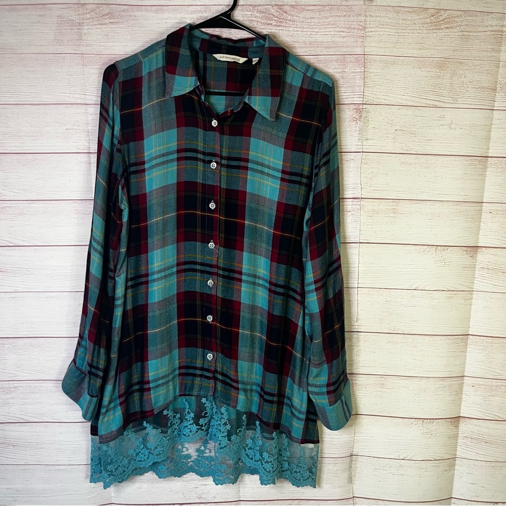 Soft Surroundings "Adeline" Plain 100% Viscose Button Up Lace Tunic Top Medium